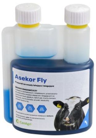 Preparat na owady latające i biegające, do polewania skóry zwierząt ASEKOR FLY, niebieski, 600 ml